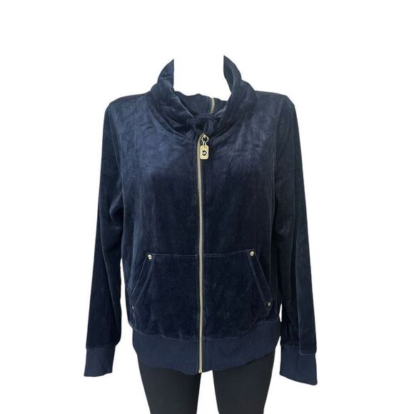 Michael Kors Womens Velvet Blue Full‎ Zip Jacket Mock Neck Size Large Pockets - Picture 1 of 10